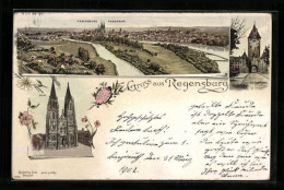 Lithographie Regensburg, Panorama Der Stadt, Ostenthor, Wappen, Dom  - Regensburg