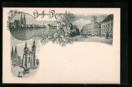 Lithographie Regensburg, Panorama, Strassenpartie, Kirchen  - Regensburg