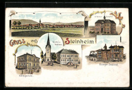 Lithographie Steinheim, St. Rochus-Hospital, Amtsgericht, Krieger-Denkmal  - Steinheim