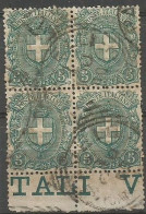 Regno 1896 Stemma Savoia Lineato #67 C.5 Verde In Quartina Usata Bordo Di Foglio - Usati