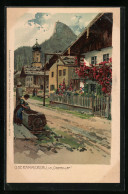 Künstler-Lithographie Zeno Diemer: Oberammergau, Partie Im Oberdorf Mit Brunnen  - Diemer, Zeno