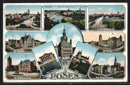 AK Posen-Poznan, Theaterbrücke Mikt Strassenbahn, Rathaus, Dom, Schloss, Kgl. Residenzschloss  - Posen