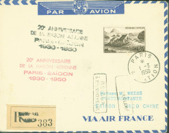 20e Anniversaire Liaison Aérienne Paris Saïgon 1930 1960 Recommandé Paris YT Paris Aviation 1 3 1950 Par Avion YT N°843 - 1927-1959 Storia Postale