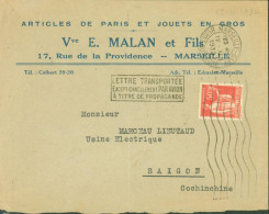 Articles De Paris Jouets En Gros Malan Marseille Lettre Transportée Exceptionnellement Par Avion à Titre De Propagande - 1927-1959 Storia Postale