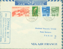 Cachet Première Liaison Aéropostale Directe Japon Viet Nam France Tokyo Saigon Paris 19 2 1953 Air France - 1927-1959 Storia Postale