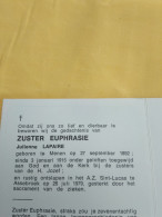 Doodsprentje Julienne Lapaire / Menen 27/9/1892 Assebroek 26/7/1979 ( Zuster Euphrasie / Zuster V/d H. Jozef ) - Godsdienst & Esoterisme