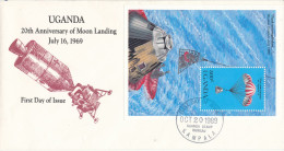 Uganda FDC 20-10-1989 20th Anniversary Of Moon Landing 16-7-1969 Minisheet With Cachet - Uganda (1962-...)