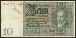 Deutsches Reich 10 Reichsmark 30. Aug. 1924 Serie T Rote Kenn Nr.06013891(8stellig) Rosenberg Nr.173 - 10 Mark