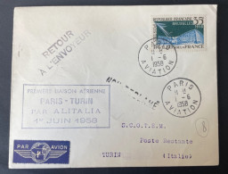 Lettre 1ere Liaison Aerienne Paris Turin Par Alitlia 1958 - 1927-1959 Storia Postale