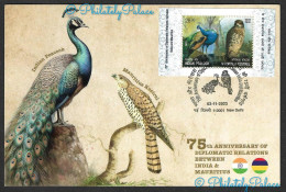 India 2023 Mauritius Joint Issue,Bird,Aves,Peocock,Mauritius Kestrel,Birds Of Prey, MS Maxi Card, Maxim (*) Inde Indien - Nuovi