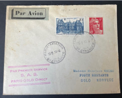 Lettre Par Avion Paris Oslo Norvège 1948 Par 1er Service S.A.S Paris Oslo Direct - 1927-1959 Storia Postale