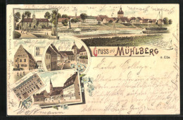Lithographie Mühlberg A. Elbe, Kaiserl. Postamt, Kirchstrasse, Schloss, Totalansicht  - Mühlberg