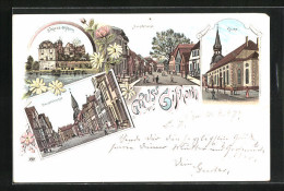 Lithographie Gifhorn, Hauptstrasse, Kirche, Schloss  - Gifhorn