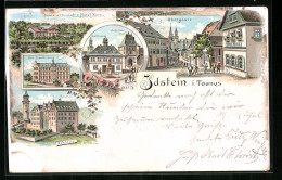 Lithographie Idstein /Taunus, Hotel Merz In Der Obergasse, Bau-Gewerkschule, Rathaus  - Taunus