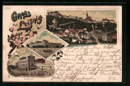 Lithographie Leisnig, Postamt, Kaserne, Teilansicht Vom Ort  - Leisnig