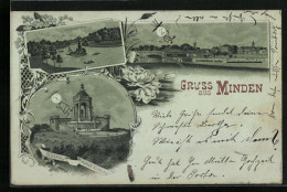 Mondschein-Lithographie Minden, Denkmal Kaiser Wilhelm I., Schwanenteich, Uferpartie Mit Brücke  - Minden