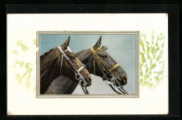Präge-AK Zwei Reitpferde Mit Zaumzeug, Ornamente  - Paardensport