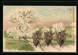 Lithographie Maikäfer Mit Rucksäcken Und Flanierstöcken Bei Der Wanderung  - Insectes