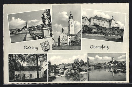 AK Roding /Oberpfalz, Kirche, Uferpartie, Strassenpartie  - Roding