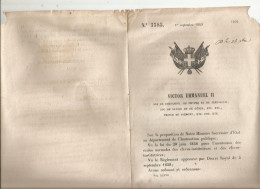 1859 EUGENE PRINCE DE SAVOIE - CARIGNAN  ORDONNE :.... OUVERTURES DE DEUX NOUVELLES ECOLES NORMALES ...... - Gesetze & Erlasse