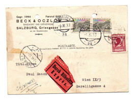 Österreich, 1933, Geschäftspostk. Frank. Mit 2gr/Freim.MiNr.448 + Paar 20gr Landsch./MiNr.533 (1xdurchlocht) (14797E) - Postcards