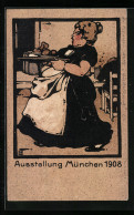 Künstler-AK Ludwig Hohlwein, Ganzsache Bayern PP15C144 /023: München, Ausstellung 1908, Beleibte Wirtin Beim Servier  - Hohlwein, Ludwig
