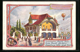 Künstler-AK Nürnberg, Volksfest 1903, Ballon über Dem Verwaltungsgebäude, Ganzsache Bayern 5 Pfennig  - Postkarten