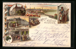 Lithographie Fürth, Fürther Kirchweih, Hotel Kütt, Hotel Nahntal, Karussell A.d. Festwiese, Ganzsache Bayern 5 Pfg.  - Postkarten