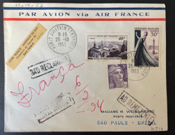 Lettre Par Avion Ouverture De L'escale Sao Paulo Brésiliens Ligne France Amerique Du Sud 1953 - 1927-1959 Storia Postale