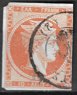 GREECE 1862-67 Large Hermes Head Consecutive Athens Prints 10 L Orange On Blue Vl. 31 B / H 18 B See Circle Behind Neck - Used Stamps