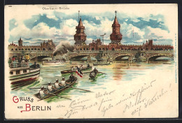 Lithographie Berlin-Friedrichshain, Oberbaum-Brücke, Ruderverein  - Friedrichshain