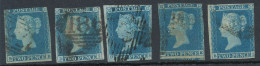 GB QV 2d Blue (shades) 5 Very Fine Used Most Plate 4 (BB, DI With Guideline At I-corner, DH, LE, BL) Margins , Postmarks - Used Stamps