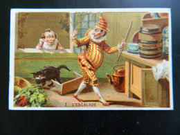 CHROMO     CHOCOLAT POULAIN           SCENE POLICHINELLE ET PIERROT    L'ESCALADE          ( 10,5  X  6,5 Cms ) - Poulain