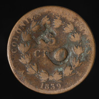 RARE - FD Contremarque/Countermark : France, Louis-Philippe, 5 Centimes (1/2 Stampee), 1839, Paris, Bronze, ,KM#12, Lec - Französische Kolonien (1817-1844)