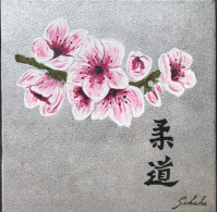 Tableau De Peinture Idéogrammes Judo Et Fleurs Cerisier - Kampfsport