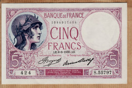 05983 / ⭐ ♥️ Etat NEUF - Billet CINQ 5 FRANCS Type VIOLET A.E 8=6=1933 - 8 Juin 1933 Alphabet S-55797 N°1394917424 - 5 F 1917-1940 ''Violet''