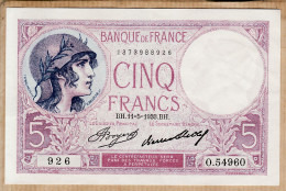 05981 / ⭐ (•◡•) ♥️ Etat SPL+- Billet CINQ 5 FRANCS Type VIOLET B.H 11=5=1933 11 Mai 1933 Alphabet O-54960 N°1373988926 - 5 F 1917-1940 ''Violet''