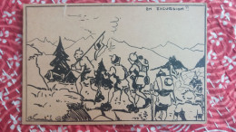 CPSM SCOUT SCOUTISME EN EXCURSION DRAPEAU  DESSIN SIGNE CHEVALIER CHEVALIN ? 2 EME CHOIX DECHIRURE - Pfadfinder-Bewegung