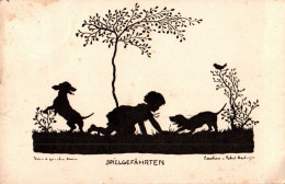 H3918 - Sachse Schubert Glückwunschkarte Scherenschnitt - Spielgefährten - Hund Dog Teckel Dackel - Silueta