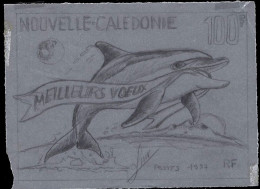 NEW CALEDONIA(1997) Dolphins Carrying Meilleurs Voeux Banner. Accepted Artwork, Pencil On Tracing Paper Measuring 15.5 X - Geschnittene, Druckproben Und Abarten