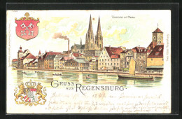 Lithographie Regensburg, Panorama Mit Donau, Wappen  - Regensburg