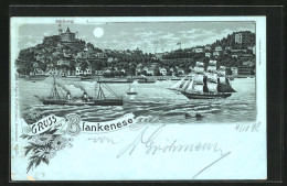 Mondschein-Lithographie Blankenese / Altona, Panorama Mit Süllberg Und Segelschiff  - Blankenese