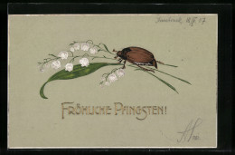 AK Pfingstgruss, Maikäfer, Maiglöckchen  - Insectes