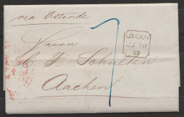 L. Datée 1859 De Londres Cad [LONDON/JU 18/1859] Pour AACHEN - Man. "via Ostende" - Cartas & Documentos