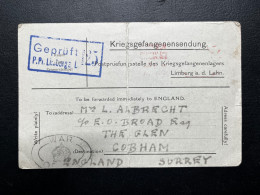 CARTE KRIEGSGEFANGENENSENDUNG 1918 / LIMBURG POUR COBHAM ENGLAND - Prigionieri