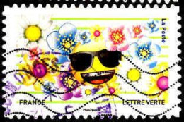 France Poste AA Obl Yv:1562 Mi:7008 Emoji Avec Lunettes De Soleil & Fleurs (TB Cachet Rond) - Used Stamps