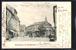 AK Pforzheim, Leopoldsplatz Mit Geschäften Und Lokalbahnhof  - Pforzheim