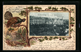 Passepartout-Lithographie Schömberg /Württ., Sanatorium Mit Anlagen Aus Der Vogelschau, Auerhahn Auf Einem Baum  - Schömberg