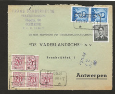 Telegraaf T IZEGEM T  23.II.1958 Naar Antwerpen Type Marchand 2 X 4 Fr +1.50 + Leeuwtjes 5 X 20 C  Front/voorzijde Brief - Covers & Documents