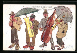 Künstler-AK Fritz Schönpflug: Musikquartett Im Regen, Karikatur  - Schoenpflug, Fritz